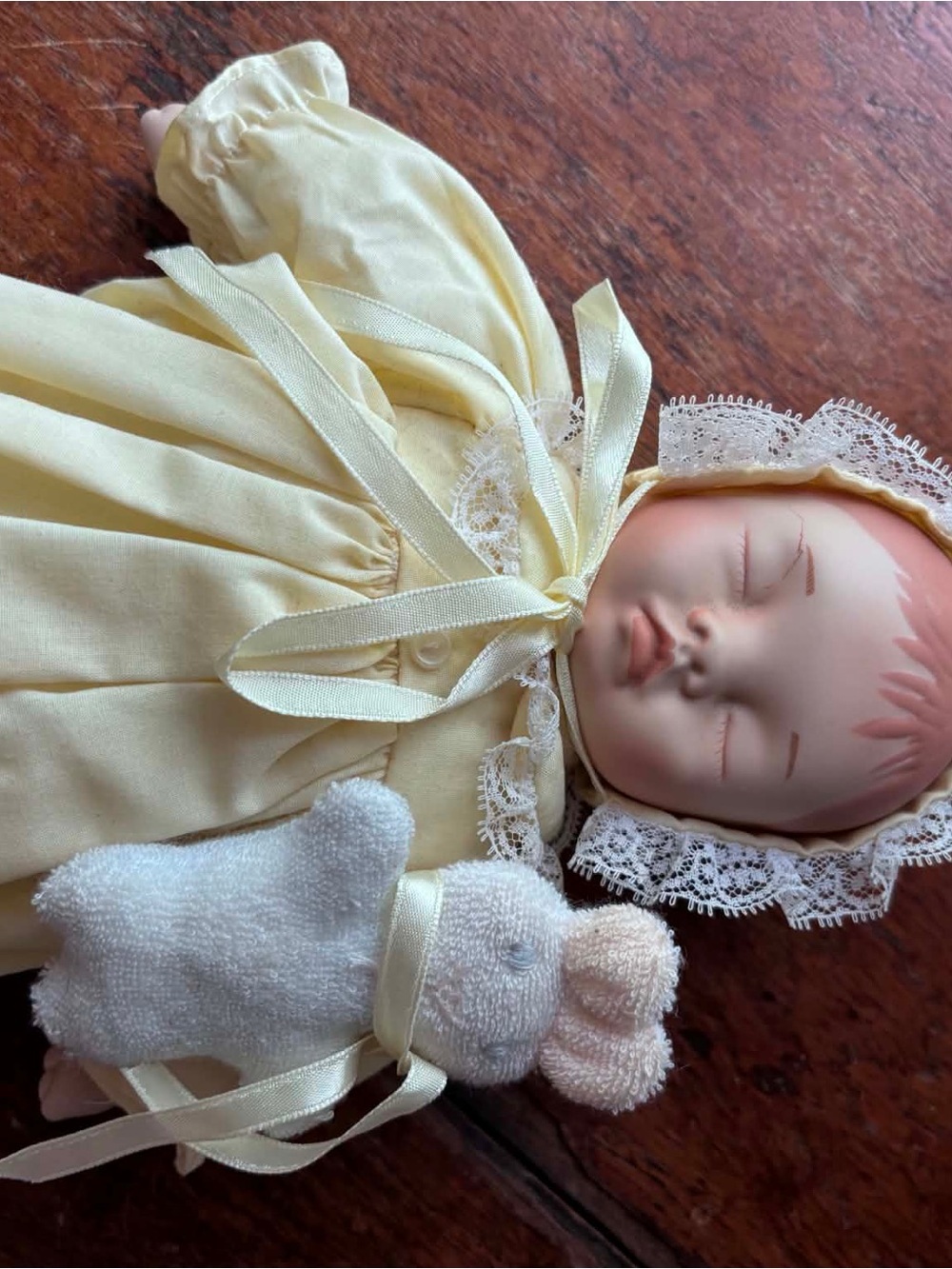 Ashton Drake Sleeping Baby Doll in Soft Yellow Dress with Lace Bonnet and Bunny